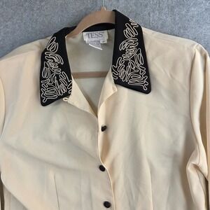 Tess Button Up Blouse Womens 12 Cream Black Vintage Soutache Embroidered Collar